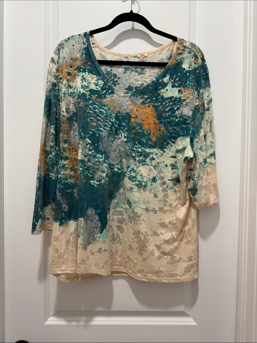 REBA “ Women’s V-Neck Scoop Bling  Tunic Top in Teal & Cream